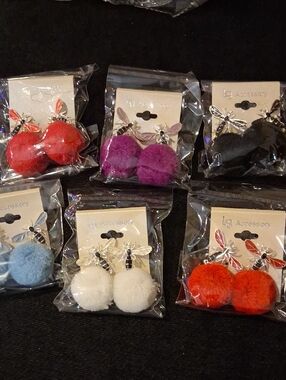 Pom Pom Bee Drop Earrings — Blue